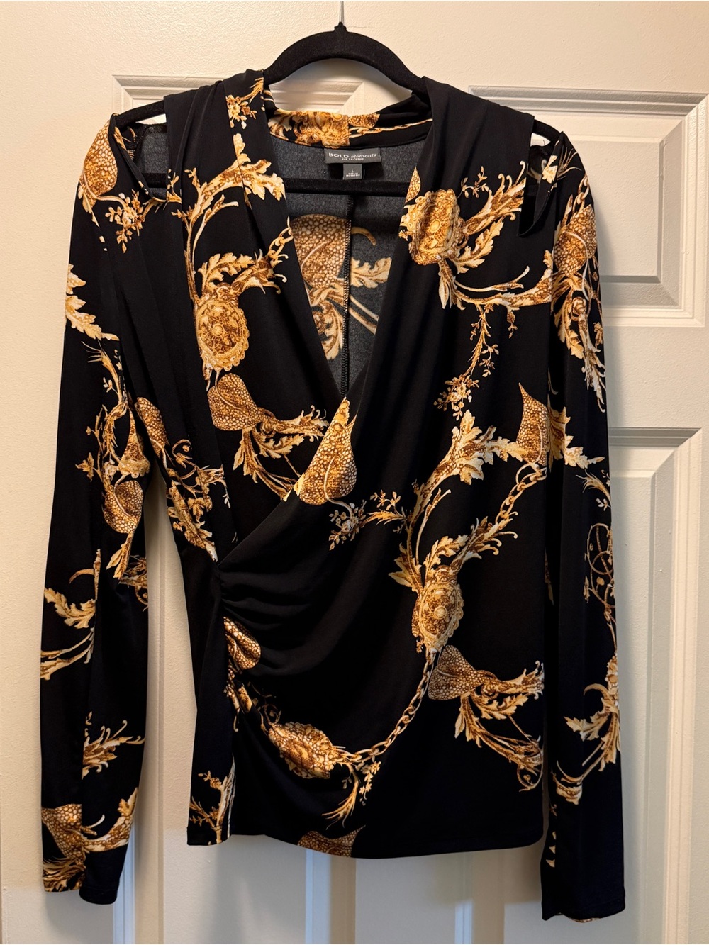 BOLD elements Black & Gold Baroque-Print Long Sleeve Wrap Top